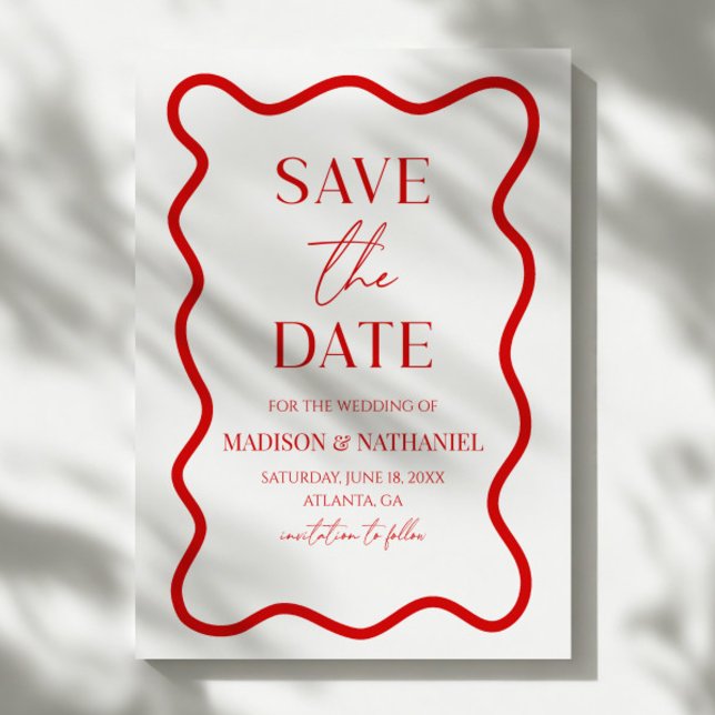Reserve A Data Red White Elegant Wavy Border Wedding (Criador carregado)