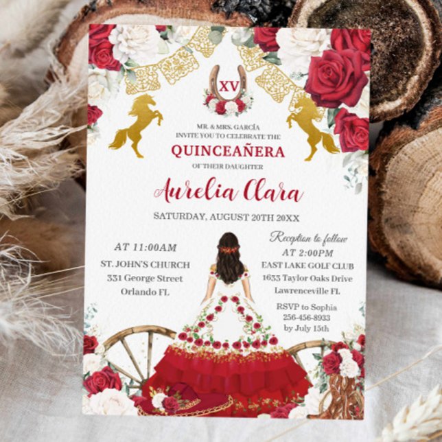 Reserve A Data Red White Floral Wild West Charro Quinceañera XV (quinceanera-mis-quince-charro-western-boots-horses-red-roses-floral-birthday-party-invitation)