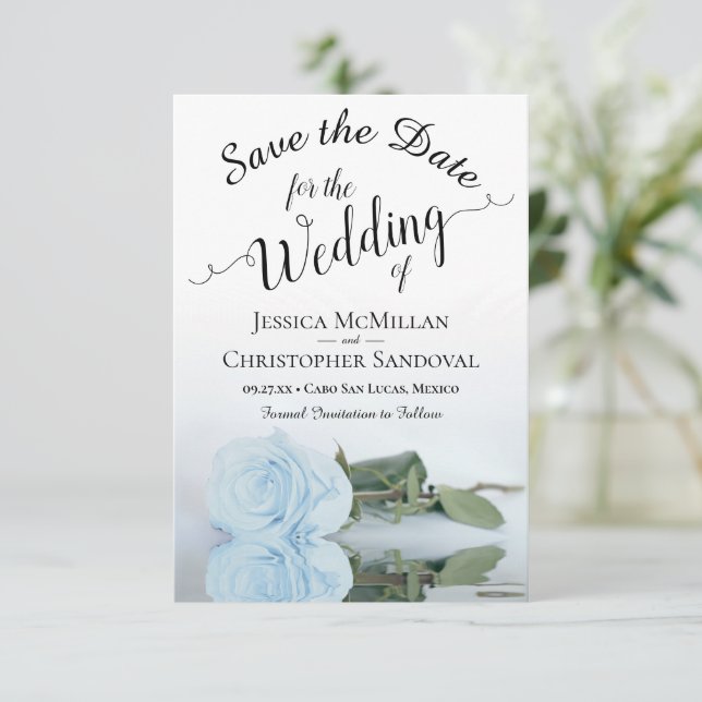 Reserve A Data Refletindo Casamento Romântico de Rosa Azul com De (Em pé/Frente)