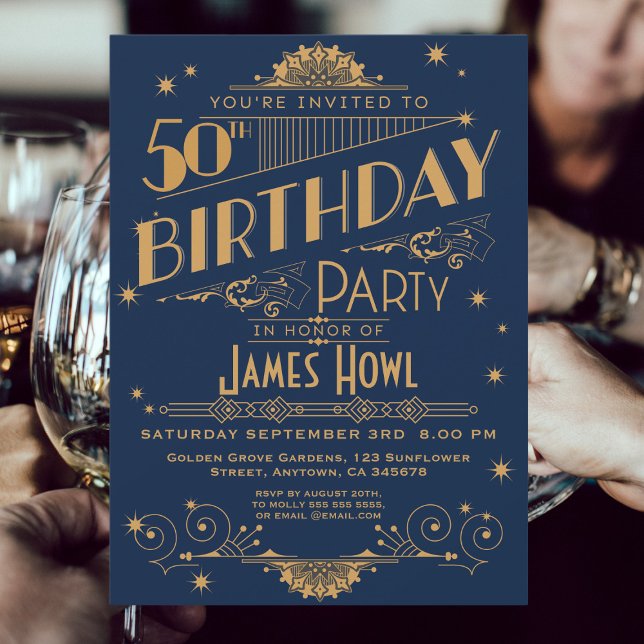 Reserve A Data Regal Royal Blue 50th Birthday Invite, Art Deco (Criador carregado)