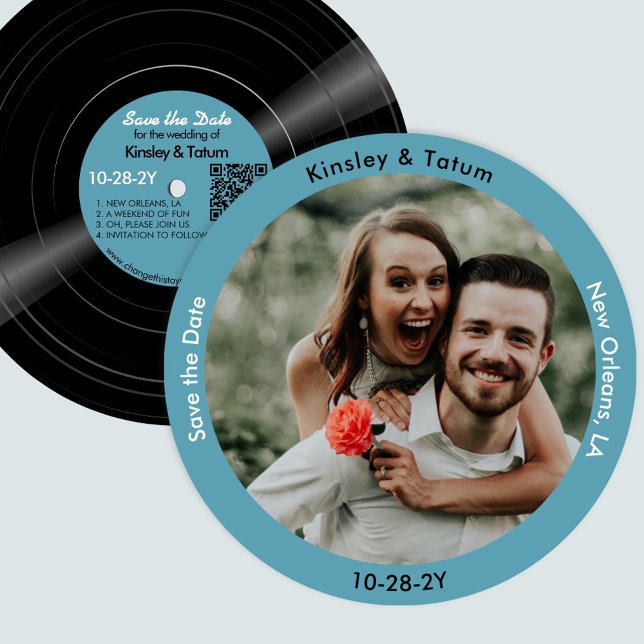 Reserve A Data Registro de vinilo Foto para salvar data Azul retr (Vintage Vinyl Record Photo Save the Date in Vintage Blue)
