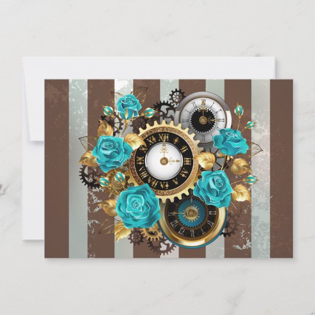 Reserve A Data Relógio Steampunk e Rosas Turquesa em Listras (Frente)