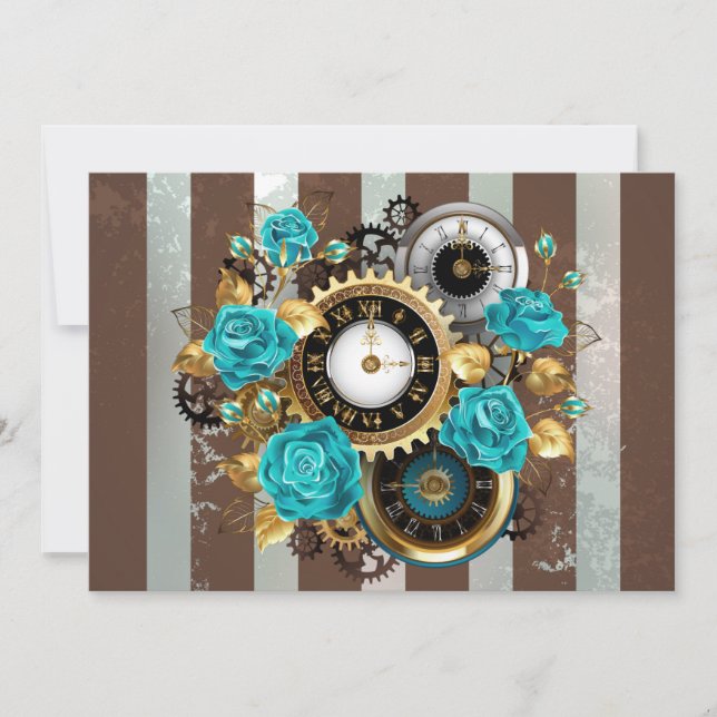 Reserve A Data Relógio Steampunk e Rosas Turquesa em Listras (Frente)