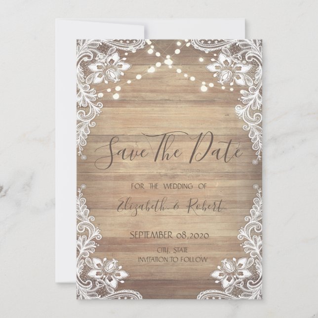 Reserve A Data Renda Branca, Textura de Madeira, Luzes Save The D (Frente)