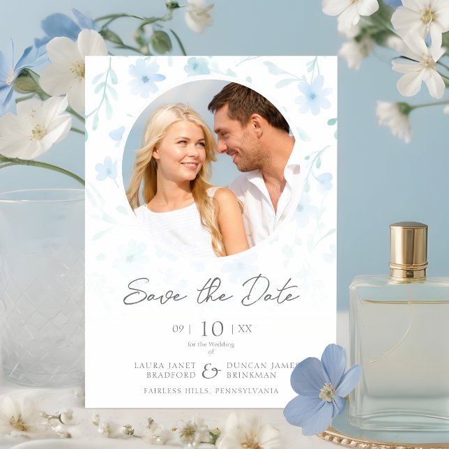 Reserve A Data Reserva La Fecha Fancy Flowers Classic Floral Blue (Fancy Flowers Classic Floral Blue Shades Photo Save the Date with Envelope. )