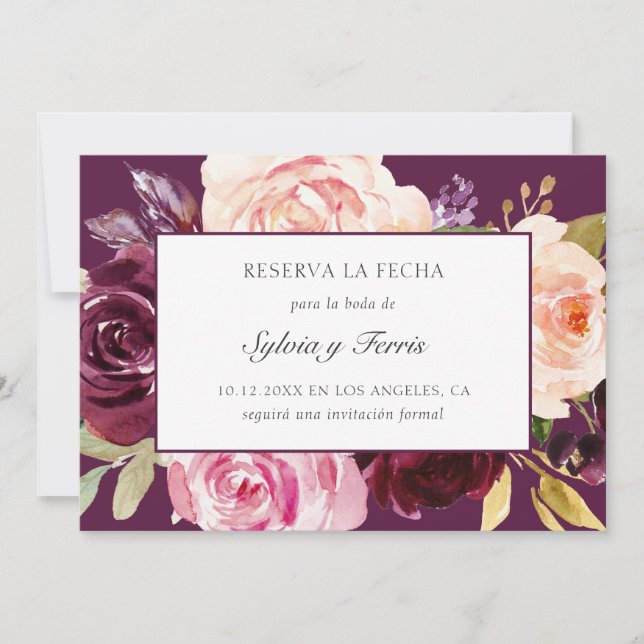 Reserve A Data Reserva la Fecha Purple Floral espanhola (Frente)