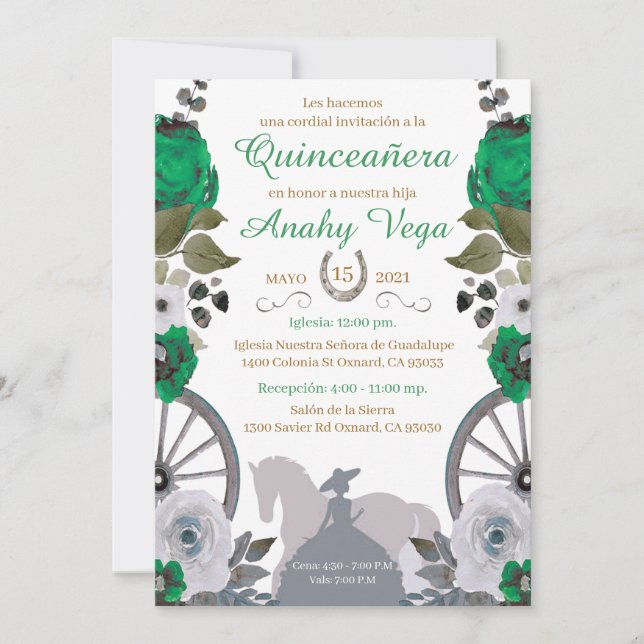 Reserve A Data Reserva La Fecha Quinceanera Green Charra,  (Frente)