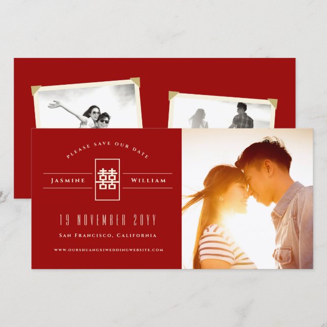 Reserve A Data Retângulo Dupla Felicidade Foto de Casamento Chine (Frente/Verso)
