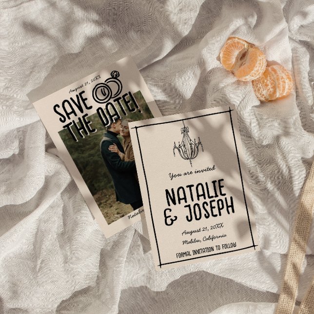 Reserve A Data Retro Mão Desenhada Quirky Único Foto Boho Casamen (Criador carregado)