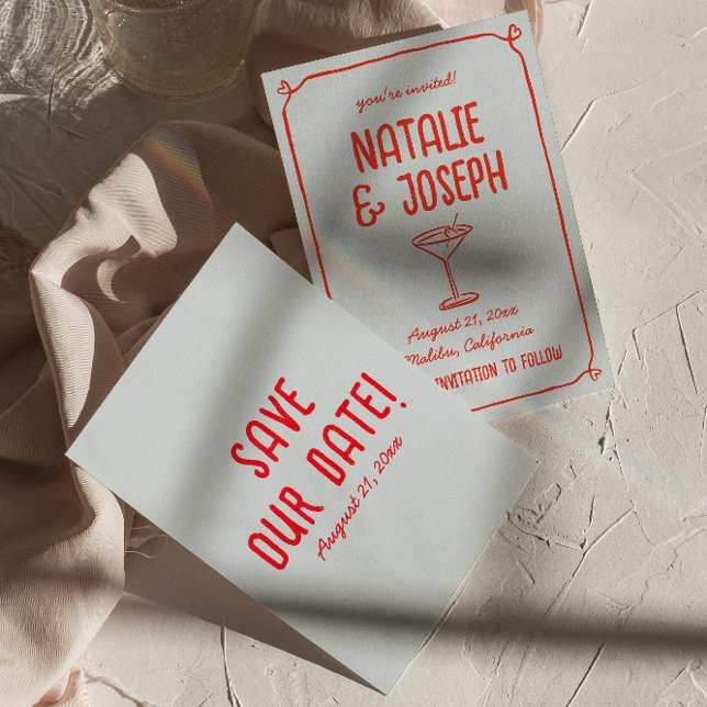 Reserve A Data Retro Mão Desenhada Vermelho Coquetel Azul Funky C (Criador carregado)