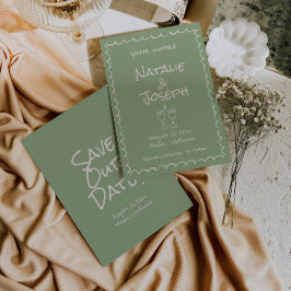 Reserve A Data Retro-Mão Desenhado Casamento Verde Funky Boho Esc