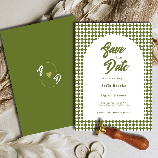 Reserve A Data Retro Minimalist Olive green Arch Checker Wedding (Criador carregado)