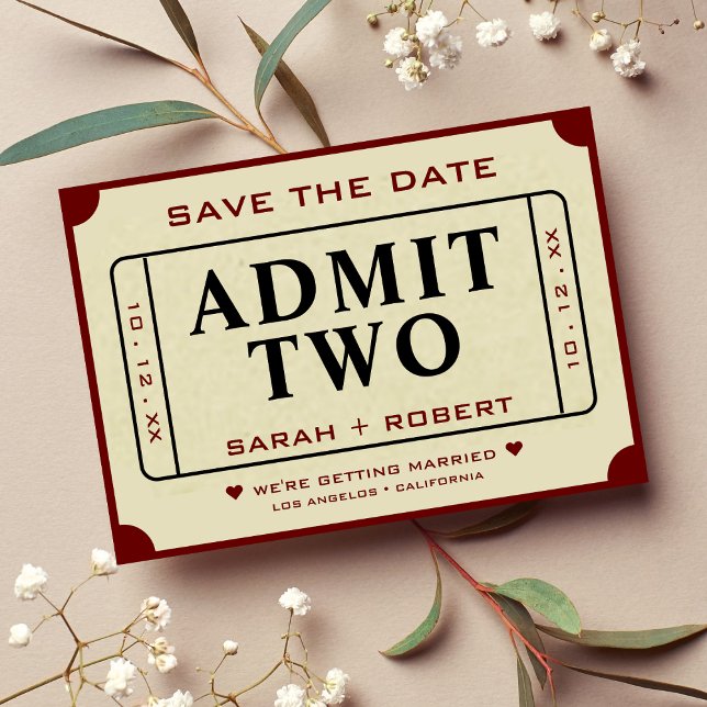 Reserve A Data Retro Movie Ticket Stub Admitir Dois Casamentos (Retro Movie Ticket Stub Admit Two Wedding Save The Date)