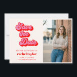 Reserve A Data Retro Pink Red Bat Mitzvah Photo<br><div class="desc">This retro pink and red Bat Mitzvah announcement features bold groovy lettering paired with a modern photo layout for your daughter’s portrait. The playful typography and bright color palette create a stylish and memorable way to share the upcoming celebration with family and friends. The back of the card features a...</div>