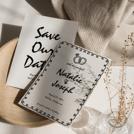 Reserve A Data Retro Preto e Branco Desenho Mão Anel de Casamento