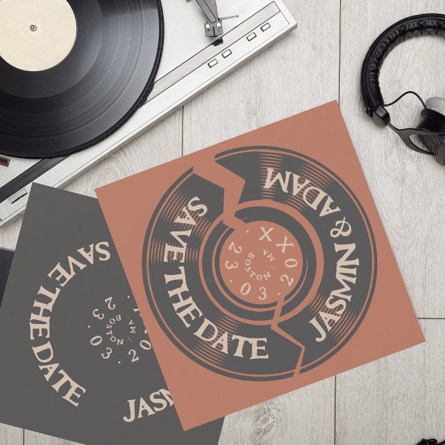 Reserve A Data Retro Terracotta Vinyl Record Casamento Groovy (Criador carregado)
