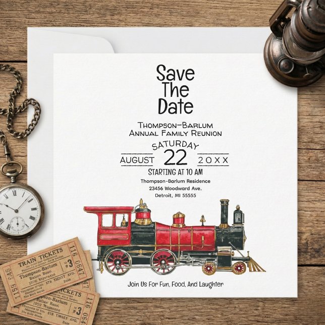 Reserve A Data Reunião da família Red Train (Red Train Family Reunion Save The Date)