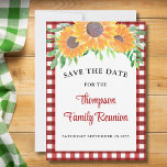 Reserve A Data Reunião familiar girassol<br><div class="desc">Você está planejando uma reunião de família? Avise sua família sobre a reunião com esses Cartões salve a data encantadores. Eles são decorados com girassóis e folhagem aquosos em um fundo vermelho de cheque. Facilmente personalizável. Original Watercolor © Michele Davies.</div>