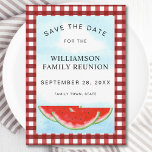 Reserve A Data Reunião Familiar Salvar A Data Melancia<br><div class="desc">Você está planejando uma reunião de família? Informe a sua família sobre a data com este único cartão Salvar Data. É decorado com melancias de aquarela,  céu azul,  e um fundo vermelho e branco de búfalos. Facilmente personalizável. Original Watercolor © Michele Davies.</div>