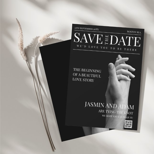 Reserve A Data Revista Chic Dark Mode Casamento (Magazine Black Dark Mode Newspaper Photo Wedding Save The Date)