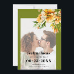 Reserve A Data Rhododendron orange yellow flowers photo wedding<br><div class="desc">This elegant fall Save the Date announcement for a wedding showcases a beautiful photo of the couple surrounded by a rhododendron branch with orange yellow flowers in the top right corner. The olive green borders add a touch of sophistication to the entire layout, perfectly complementing the modern and stylish look...</div>