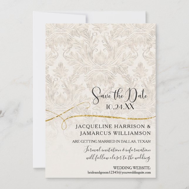 Reserve A Data Rolo Dourado Damask Marfim Dourado Save the Date (Frente)
