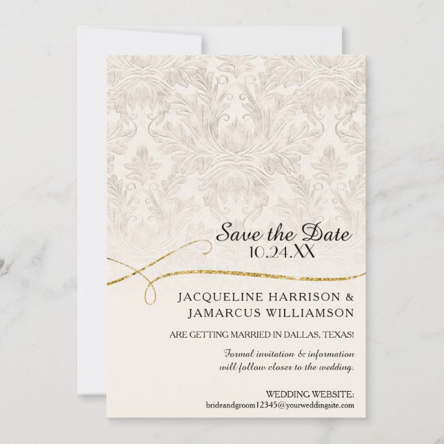 Reserve A Data Rolo Dourado Damask Marfim Ouro Salve a Data (Frente)