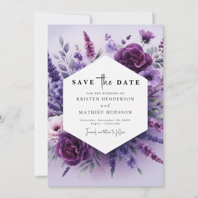 Reserve A Data Romance Caprichosa Casamento Floral Roxo (Frente)