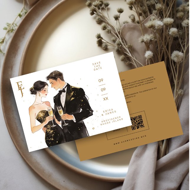 Reserve A Data Romantic Black & Gold Couple Wedding Design (Elegant Black & Gold Couple Illustration Wedding Save the Date Card with QR Code on Back. )