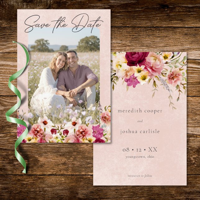 Reserve A Data Romantic Burgundy Blush Floral Garden Photo (Romantic Burgundy Blush Floral Garden Photo Save The Date)