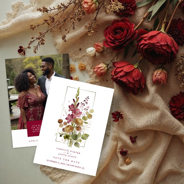 Reserve A Data Romantic Chic Rustic Botanical Wildflowers Wedding (Romantic Rustic Botanical Wildflowers Bunch Wedding Save the Date Card Design.)