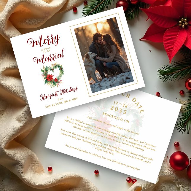 Reserve A Data Romantic Christmas Heart-Shape Wreath Wedding (Romantic Christmas Heart-Shape Wreath Wedding Photo Save the Date Cards as Holiday Cards. )