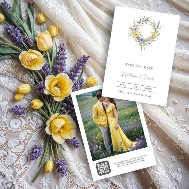 Reserve A Data Romantic Minimal Wedding Yellow & Lavender Wreath (Romantic Minimalist Wedding Yellow & Lavender Wreath Save the Dates Cards. )