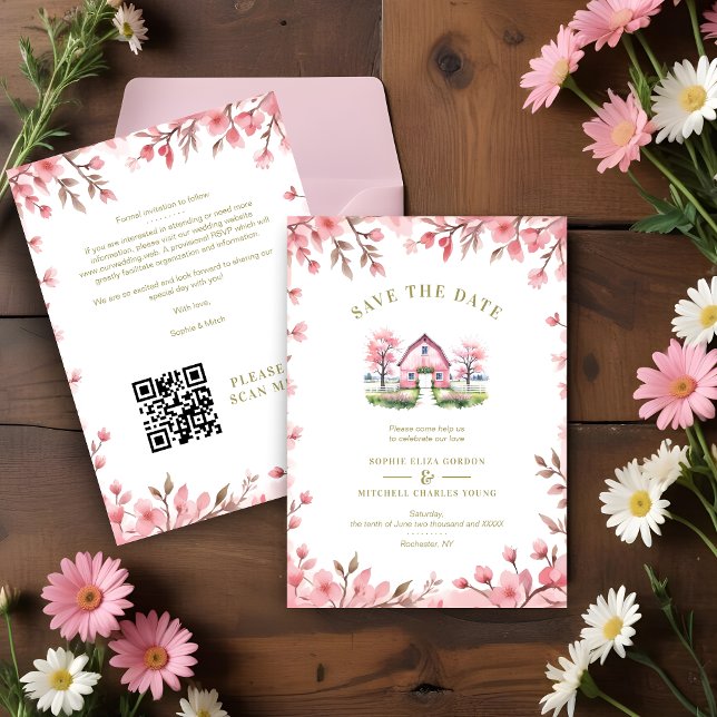 Reserve A Data  Romantic Pink Barn Rustic Landscape Floral Frame (Romantic Pink Barn in Rustic Landscape and Cute Floral Frame Wedding Invitations Cards. )