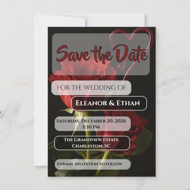 Reserve A Data Romantic Red Roses Abstract Heart Love Wedding Inv (Frente)