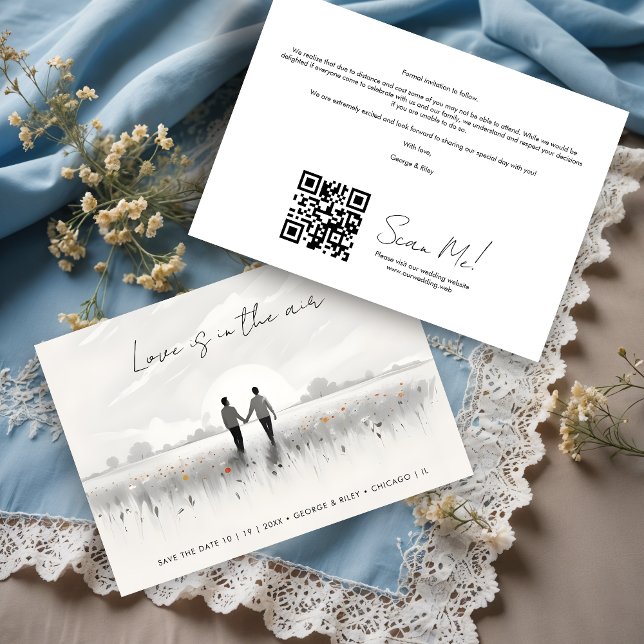Reserve A Data Romantic Sweet Cute Wildflowers Field Gay Couple (Romantic Charming Sweet Cute Wildflowers Field with Walking Gay Couple Wedding Save the Date Cards.)