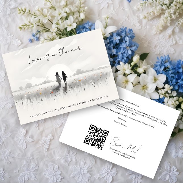 Reserve A Data Romantic Sweet Wildflowers Field Lesbian Couple (Romantic Charming Sweet Cute Wildflowers Field, Walking Lesbian Couple Wedding Save the Date Cards.)