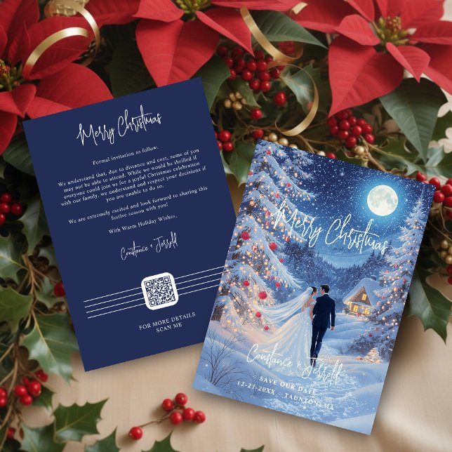 Reserve A Data Romantic Wedding Scene Toward Christmas Cabin (Bride and Groom in a Mystical Romantic Forest on the Way to Christmas Cabin Save the Date with QR.)