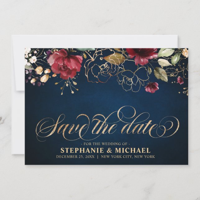 Reserve A Data Romântica Aquarela Brilhante Marinho Vermelho Dour (Frente)