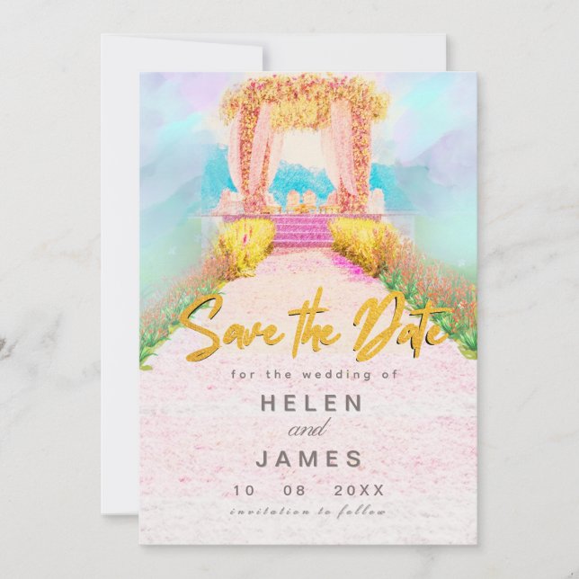 Reserve A Data Romântico Arco Floral Aquarela Salve a Data  (Frente)