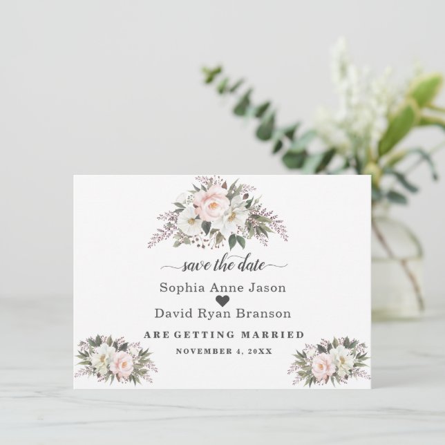 Reserve A Data Romântico Beijo Branco Flores Casamento Caligrafia (Em pé/Frente)