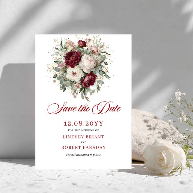 Reserve A Data Romântico Burgundy Floral Save The Date Bege (Romantic Blush Burgundy Floral Save The Date)