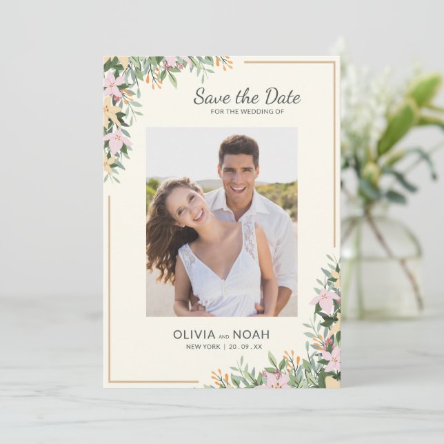 Reserve A Data Romântico Floral Foto Salve a Data (Em pé/Frente)