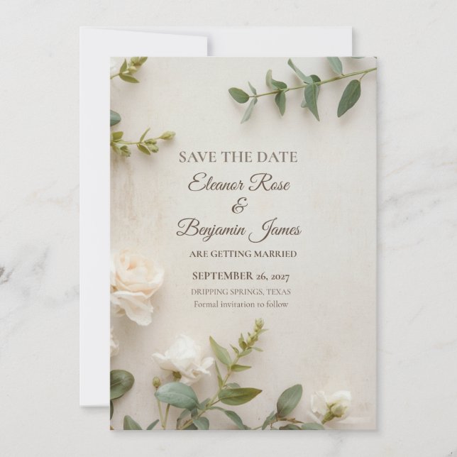 Reserve A Data Romântico Save the Date Botânico em Marfim (Frente)
