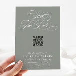 Reserve A Data Romântico Script QR Code Sage Verde<br><div class="desc">Este roteiro romântico salve a data do anúncio do casamento é perfeito para um casamento simples. O design preto e branco minimalista apresenta uma elegante e romântica caligrafia suave com um código QR. Para uma personalização mais avançada deste design,  clique no BOTÃO FERRAMENTA DESIGN AZUL acima!</div>