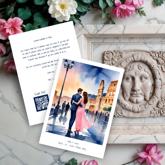 Reserve A Data Rome Coliseum Colorful Cityscape Wedding Couple (Rome Coliseum Colorful Cityscape Wedding Couple Illustration Save the Dates Cards.)