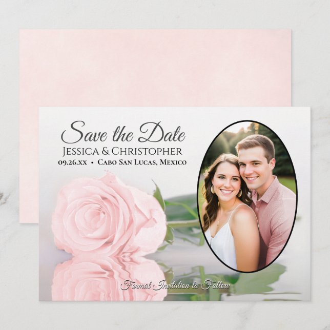 Reserve A Data Rosa Bege Rosa com Foto Oval Casamento Romântico (Frente/Verso)