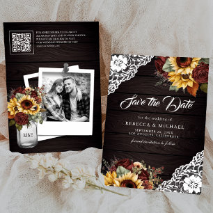 Reserve A Data Rosa Borgonha Girassol Madeira Código QR Casamento