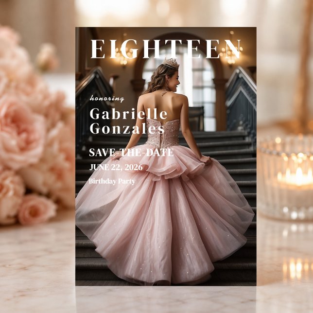 Reserve A Data Rosa Desmaiado Décimo Oitavo Salve A Data (Elegant blush pink save the date featuring a glamorous sweet eighteen celebration.)