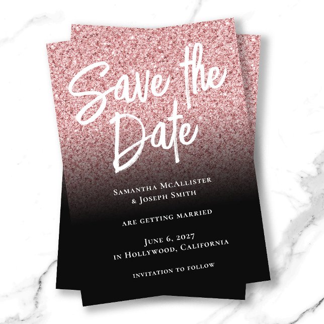 Reserve A Data Rosa Dourado Brilho Preto Ombre (Pink Rose Gold Glitter Black Ombre Save The Date)